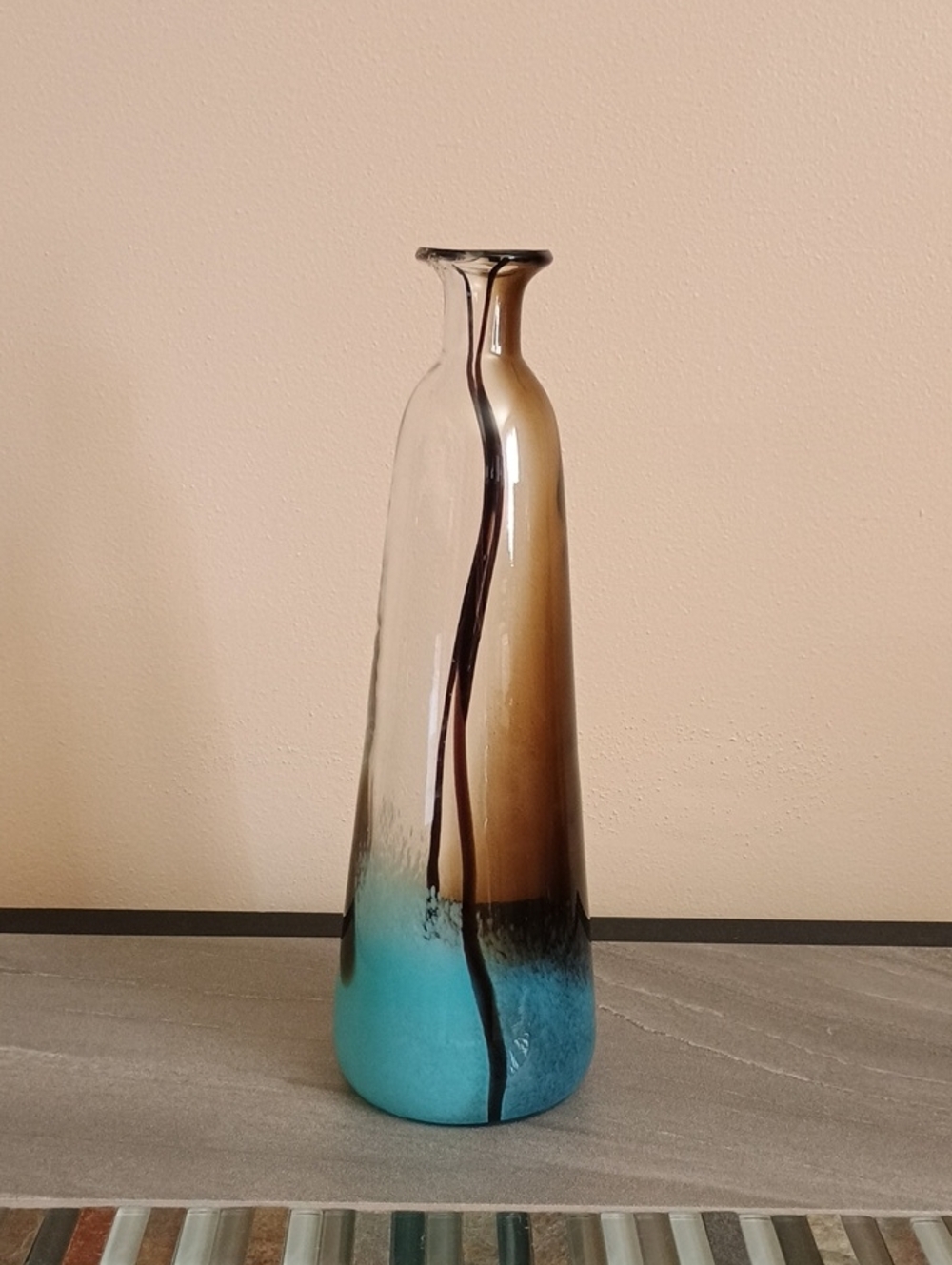 Kosta Boda 16" Tall Vase Turquoise to Brown Ombre Fade w/Dark Accent Swirl Line